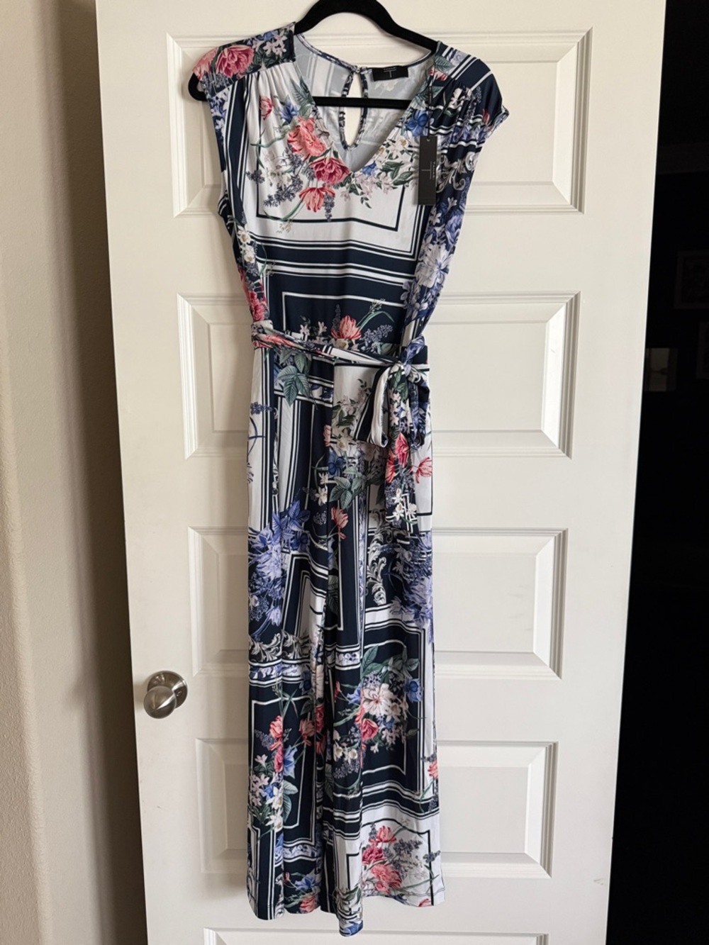 Tahari Navy, White & Blue Floral Maxi Dress